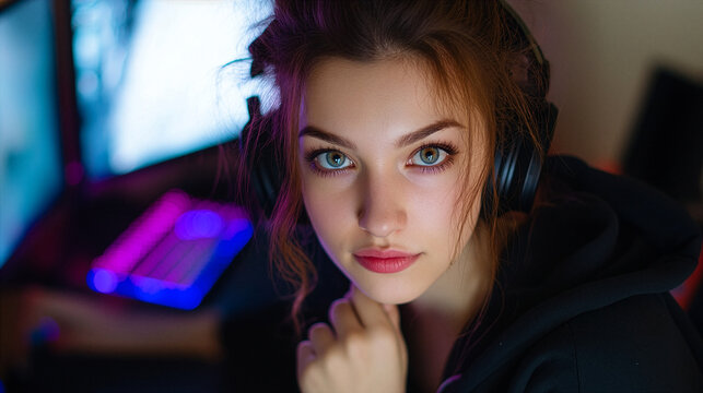 A young woman, a beautiful gamer, wearing headphones, is sitting at a glowing computer.