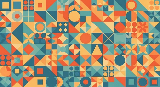 Colorful Geometric Pattern with Triangles, Circles, and Squares.