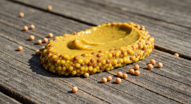Mustard spread on a wooden surface