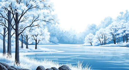 Serene winter landscape painting showing frozen lake surrounded by snowy trees