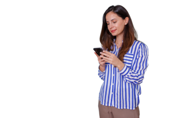 Young woman smiling while engaging with smartphone, sending digital messages, communicating online, transparent background