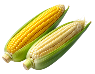 Yellow and White Corn Ears with Husk in Clean Close-Up Studio View PNG