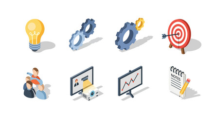 Isometric business icons: innovation gear target collaboration analysis notes