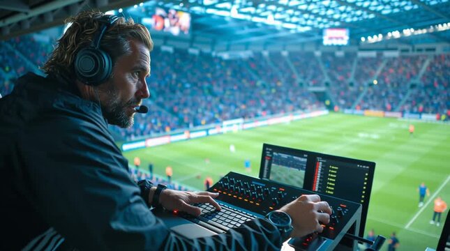 Sports commentator wearing headset watching game from stadium booth