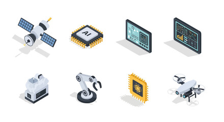 Isometric technology icons: robotics, ai, satellites, and drones for futuristic designs