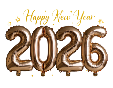 Festive Script New Year Text with Glossy Metallic 2026 Balloon Arrangement PNG