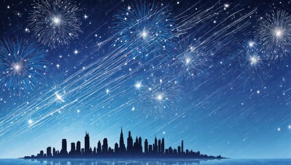 Night Sky Cityscape with Shooting Stars and Fireworks Display.