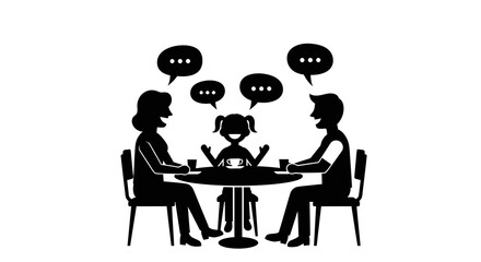 Family conversation silhouette: parents and child at dinner table