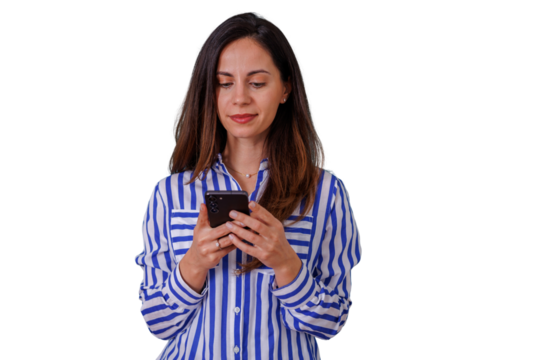 Woman using a smartphone, texting or browsing social media. She is interacting with a mobile device on a transparent background