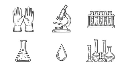 Hand-drawn laboratory equipment: gloves, microscope, test tubes, beakers, droplet