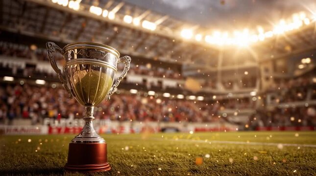 Golden trophy on a soccer field with stadium lights in background