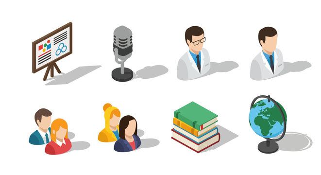 Isometric icons of communication, education, and science featuring diverse professions and learning tools