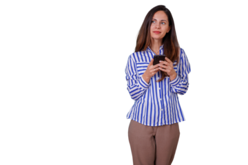 Young woman thinking, using smartphone for communication, social media, shopping with copy space, transparent background