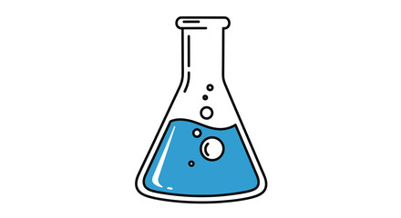 Outline design of a chemistry flask with blue liquid and bubbles for educational and scientific graphics