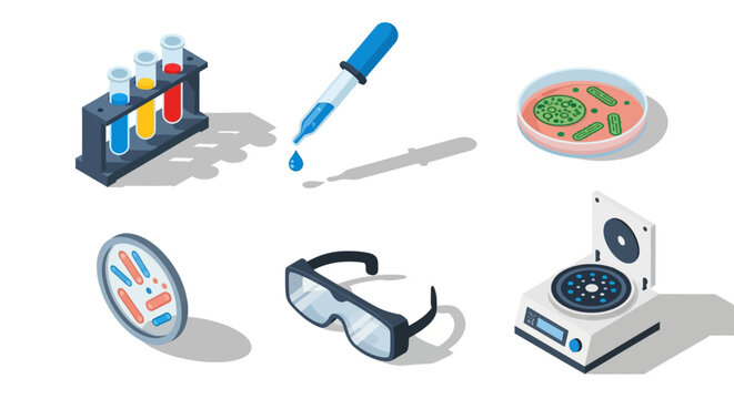 Isometric laboratory equipment set featuring test tubes and microscope slides