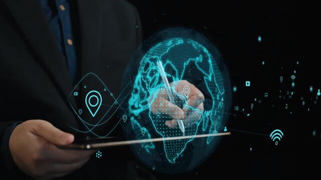 Explore innovative communication and networking concepts with a digital interface representing global connectivity in a modern business environment. Cipher - Powered by Adobe