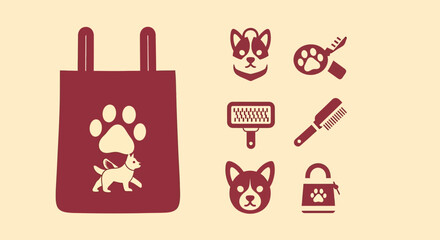 Pet grooming icons with bag featuring dogs and accessories in minimalist style