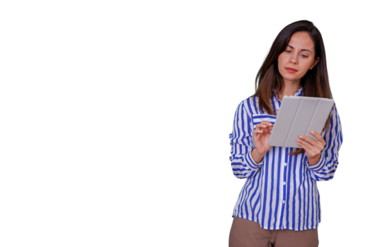 Woman using digital tablet, browsing social media, working on transparent background, modern technology concept, business communication - Powered by Adobe
