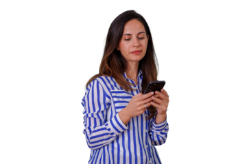 Woman holding a smartphone, touching screen, communicating or using an app for business or personal connection, transparent background