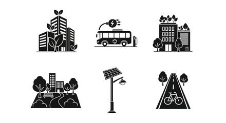 Naklejka premium Sustainable urban design icons featuring eco-friendly transport and architecture