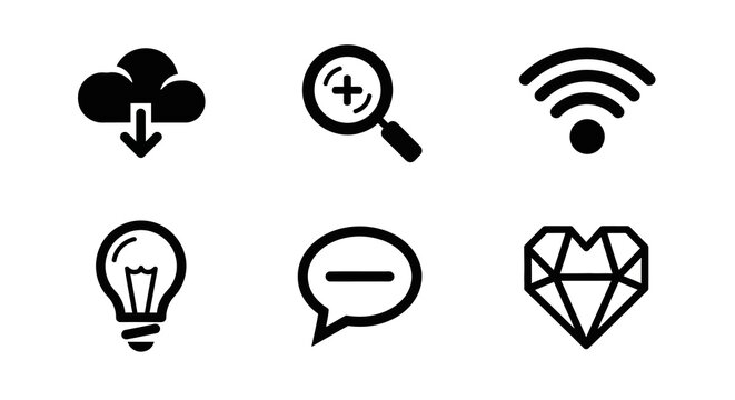Minimalist icon set featuring cloud download, zoom, wi-fi, lightbulb, chat, and diamond