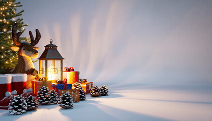 Festive Christmas cheer with reindeer, gifts, and pine cones creating a warm holiday ambiance, perfect for seasonal greetings and joyful celebrations