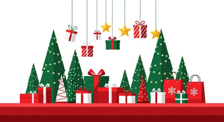 Festive Christmas Scene with Presents, Trees, and Decorations A Holiday Celebration