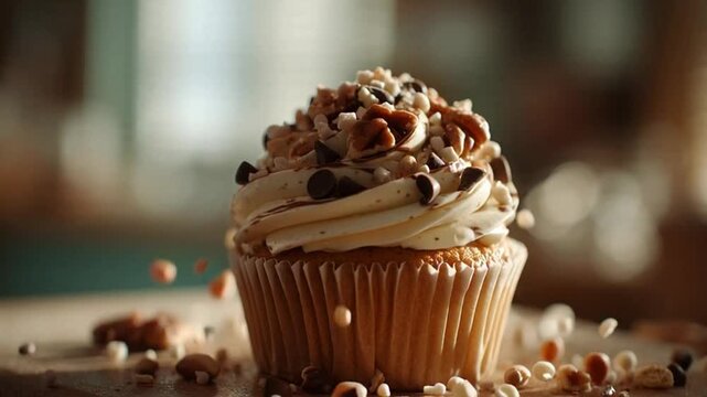 Delicious cupcake being decorated with chocolate chips and nuts, creating a tempting dessert moment perfect for food blogs and baking promotions - Powered by Adobe