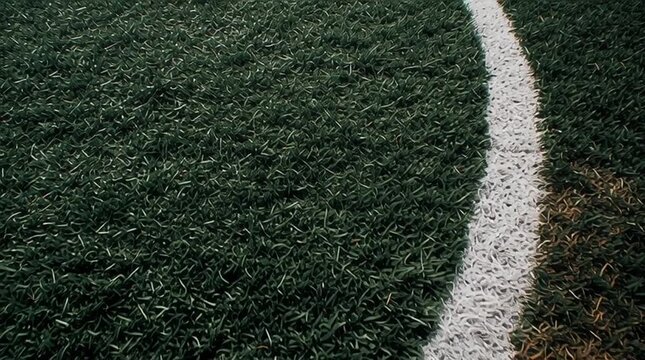 Close up of worn white line marking on dark green soccer field