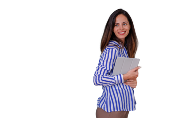 Confident businesswoman smiling and holding digital tablet, concept of modern technology and professional work on transparent background