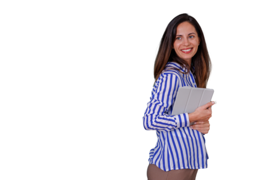 Confident businesswoman smiling and holding digital tablet, concept of modern technology and professional work on transparent background - Powered by Adobe