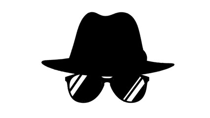 Vector illustration&nbsp;of black silhouette icon of a fedora hat and sunglasses representing a spy or incognito mode isolated on transparent background 