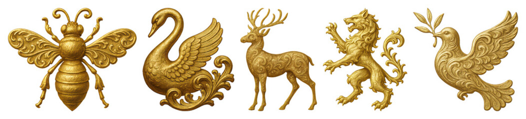 Fototapeta premium PNG Golden ornate animal emblems, element set on transparent background