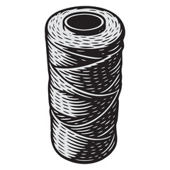 Black and white vector illustration depicting assorted sewing thread spools and yarn balls, representing concepts of tailoring, knitting, crafting, DIY, fashion design, and textile industry.