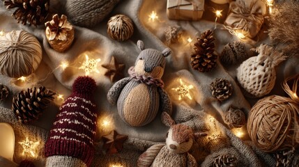 Cozy christmas setting with knitted animals and festive decorations