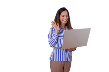 Woman making video call with laptop, waving hand and smiling, online communication, transparent background