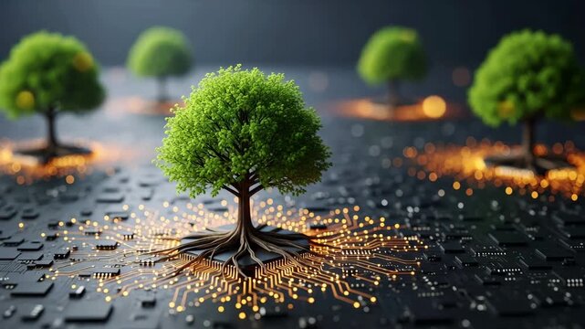 A green tree grows from a circuit board, its roots forming glowing digital pathways. Visualizes sustainable technology and eco-friendly computing.
