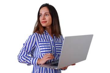 Professional businesswoman holding laptop and looking away, working remotely, thinking about strategy on transparent background