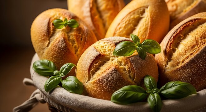 Artisan crusty bread rolls with a golden-brown crust, presented in a rustic basket and garnished with fresh green basil leaves