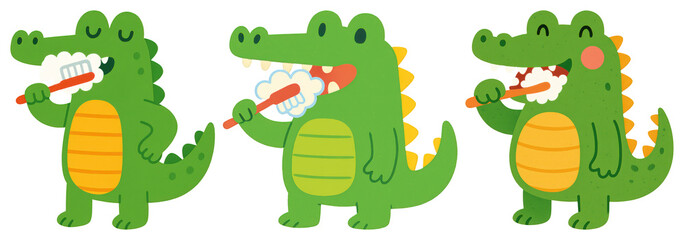 Naklejka premium PNG Crocodile brushing teeth cartoon, element set on transparent background