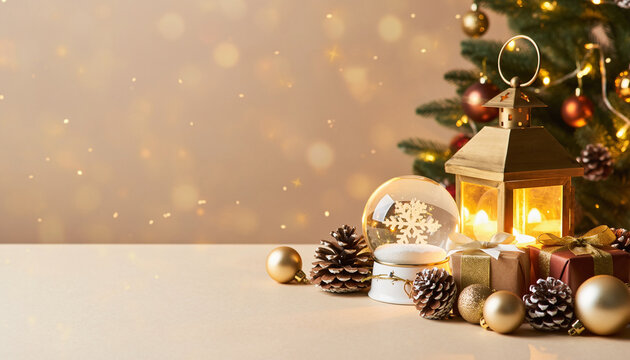 Elegant Christmas presents and decorations create a festive holiday atmosphere with ornaments, a snow globe, and a glowing lantern by a Christmas tree - Powered by Adobe