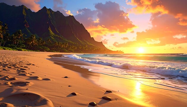 Golden sunset illuminates a tropical beach with lush mountains and gentle waves.