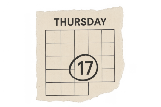 Torn paper calendar page marking thursday 17th, symbolizing important appointments, planning, and deadlines on transparent background