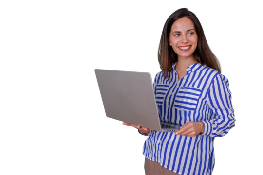 Woman smiling, presenting new ideas, holding laptop, working remotely online on transparent background - Powered by Adobe