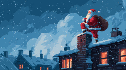 Santa climbing chimney on snowy rooftop with glowing windows and falling snow for cinematic holiday posters and festive advertising