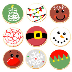 christmas icons set, A collection of nine festive round gingerbread or sugar cookies, decorated with colorful Christmas-themed icing designs, featuring a Snowman, Santa Claus, Rudolph, and a Christmas