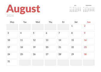 Monthly page Calendar Planner Template design of August 2026. Vector layout of calendar with week start Monday for Scheduling. Page for size A4 or 21x29.7 cm