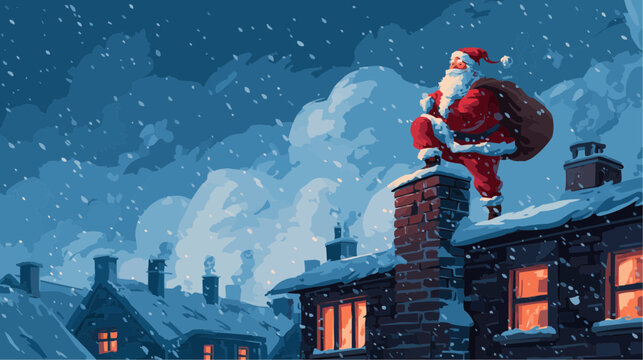 Santa climbing chimney on snowy rooftop with glowing windows and falling snow for cinematic holiday posters and festive advertising