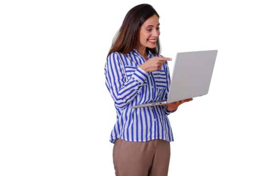 Woman pointing and smiling during video call using laptop, online meeting or remote work communication concept