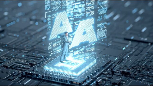 A collage of futuristic AI interface images showing digital data, holographic screens, and human hands interacting with virtual technology in a cyber-inspired environment.